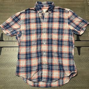 Short Sleeve Blue and Orange Plaid Button Down